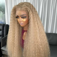 Hot Selling Pre Plucked Hairline 613# Kinky Straight Heat Resistant Glueless Synthetic Lacefront Wig for Black Womens Daily Use