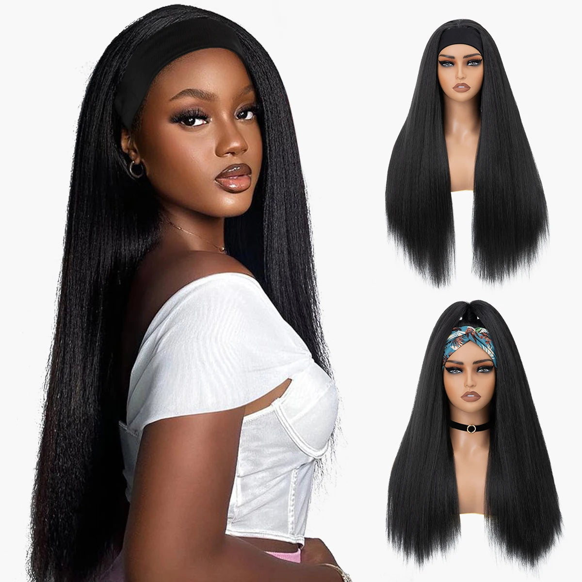 Wholesale YaKi Straight Headband Afro Wigs for Black Woman Glueless Headband Wig Synthetic Wig Heat Resistant for Women Hair
