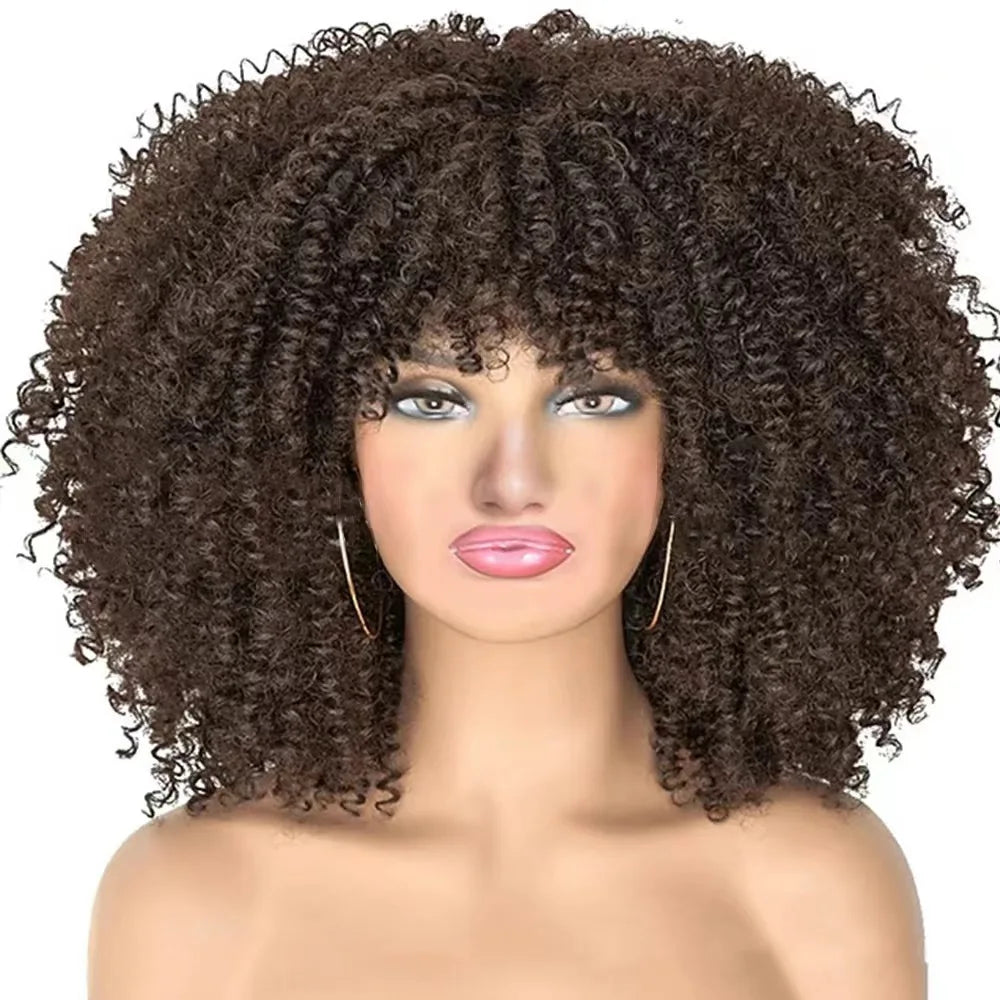 Afro Kinky Curly Wigs With Bangs for Black Women High Temperature African Synthetic Ombre Glueless Cosplay Wigs