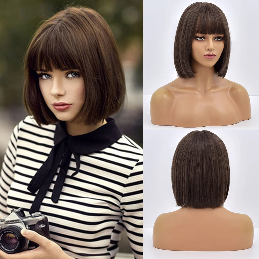 Ainizi 12'' Short bob Black Machine Made Elegant Fashion Synthetic Hair Wigs With Bangs for Women
