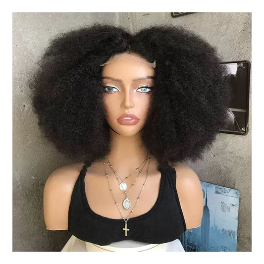 18-Inch Short Bomb Kinky Curl Wig for African Women 4*4 Forehead Lace High Quality Transparent Lace Color