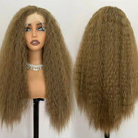 Hot Selling Pre Plucked Hairline 613# Kinky Straight Heat Resistant Glueless Synthetic Lacefront Wig for Black Womens Daily Use