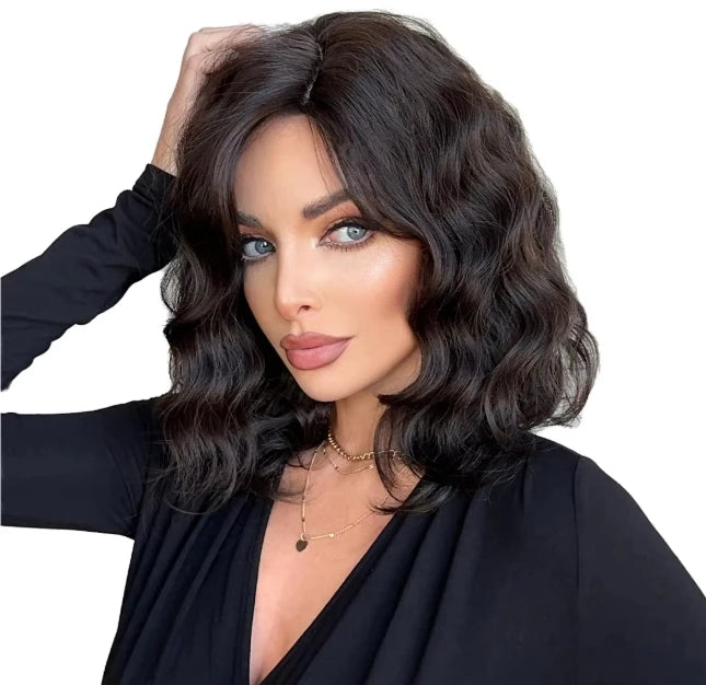 Dark Brown Water Wigs for Women Wavy Middle Part Synthetic Medium Shoulder Length Wig Soft Natural Looking Hair Wig