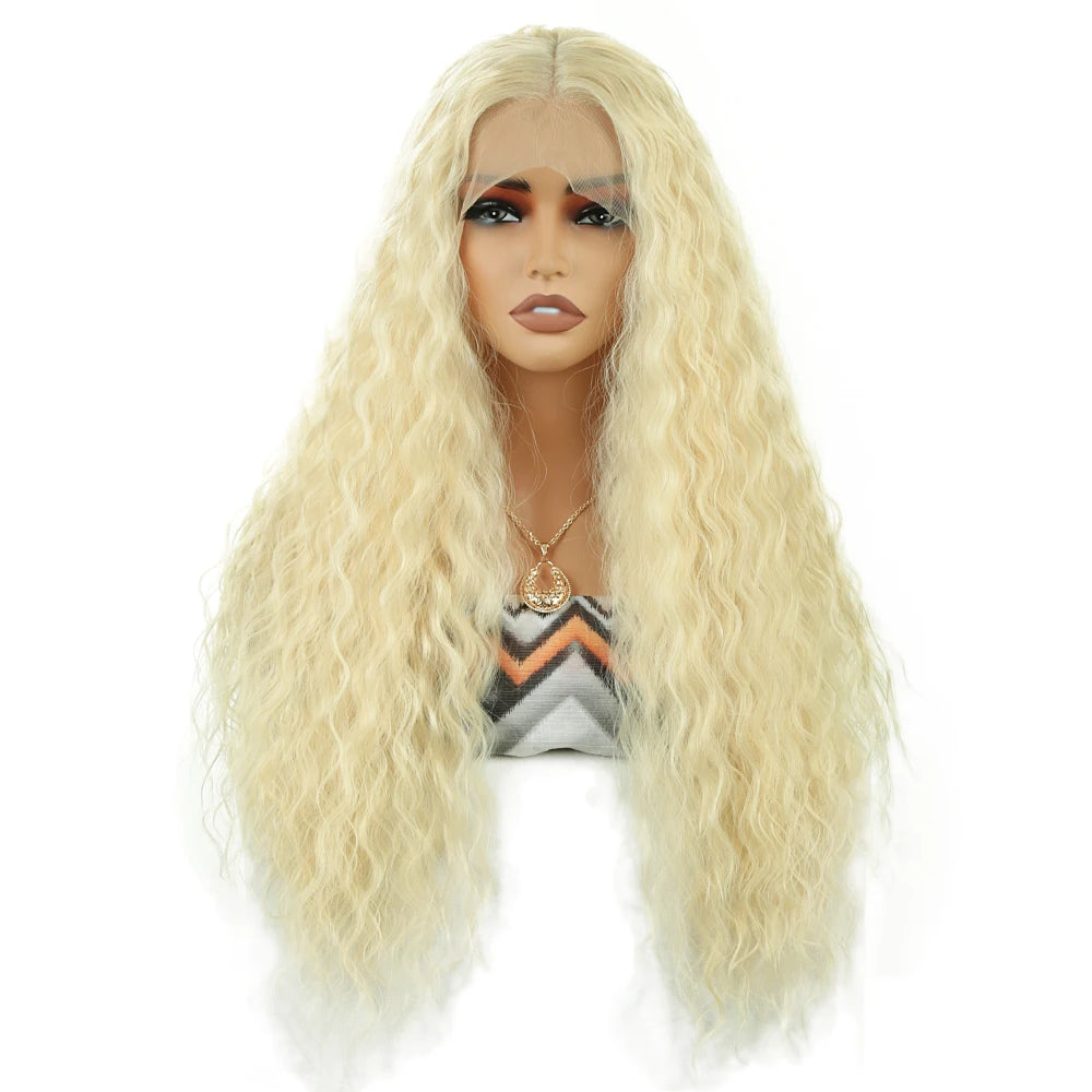 Wholesale High Temperature Fiber 28 Inches Long Curly Lace Wigs for Women Ombre Blonde Ginger Synthetic Lace Front Wigs