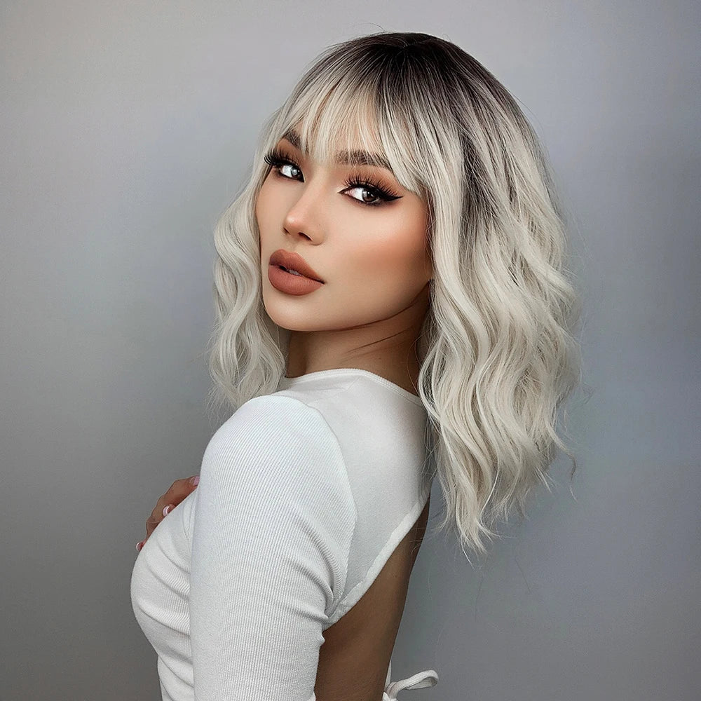Ainizi Short Wave Daily Female Wigs Heat Resistant Ombre Brown Mixed Platinum High Density Machine Made Synthetic Wig with Bangs