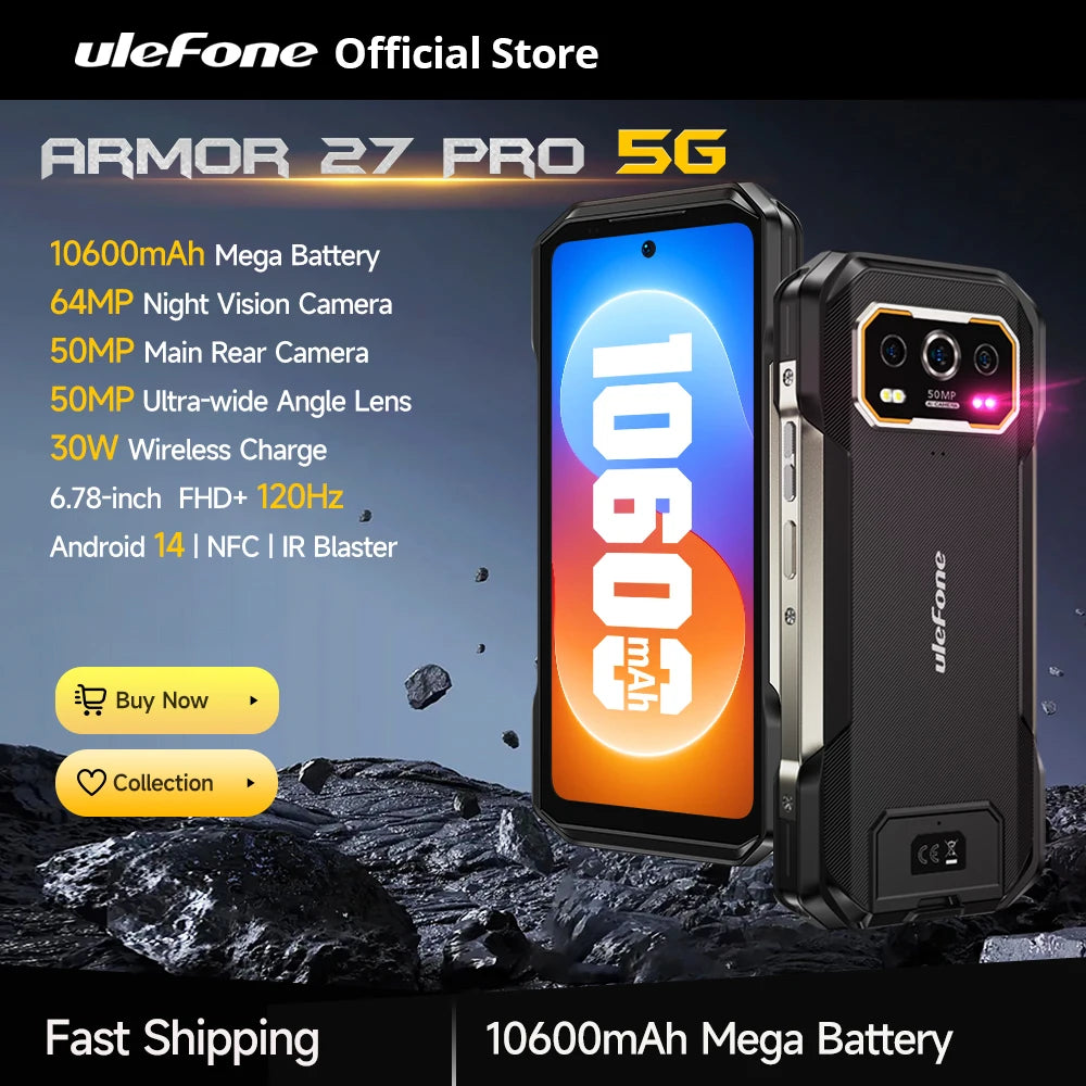 Ulefone Armor 27 Pro 5G Rugged Phone 10600mAh Smartphone 50MP Camera 64MP Night Android 14 Up to 24GB+256GB NFC Waterproof Phone