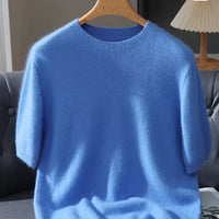 100% Mink Cashmere Knitted Short Sleeved Men's Loose Round Neck Solid Color Half Sleeved Simple T-Shirt Casual Business Cashmere