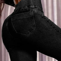 ALLUKASA 2025 autumn winter  Elegant High Waist Button Front Casual Female Jeans Sexy  Fashion Back Shirred Trouser Bottom
