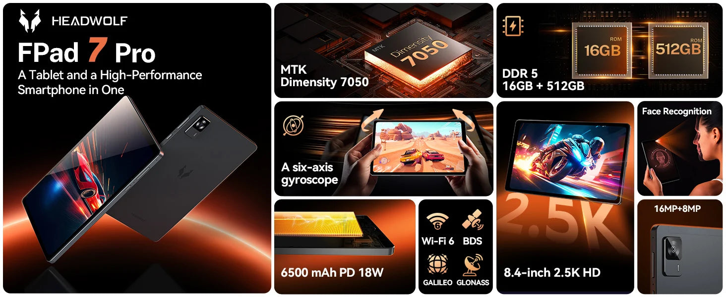 Headwolf FPad7Pro SIM 4G LTE Gaming Tablet 8.4" 2.5K FHD Display Screen 16GB 512GB MTK 7050 CPU,8MP/16MP Camera, WiFi 6 tablet