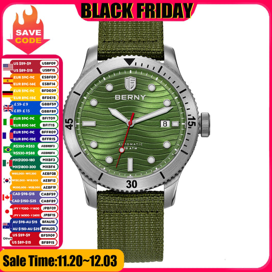 BERNY Top Automatic Diver Watch for Men PT5000 Movement 20ATM Waterproof Luminous Sapphire Lens Sport Swimming Diving Watch Men