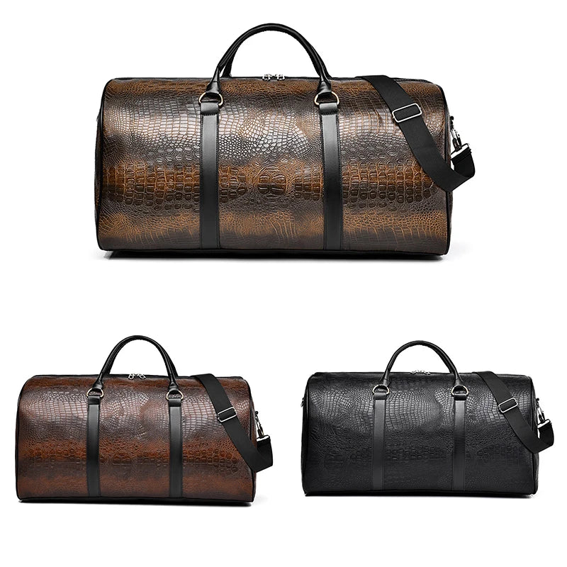 Large Capacity Travel Duffle Bag for Men PU Leather Crocodile Pattern Waterproof Sports daily casual Tote Bag women