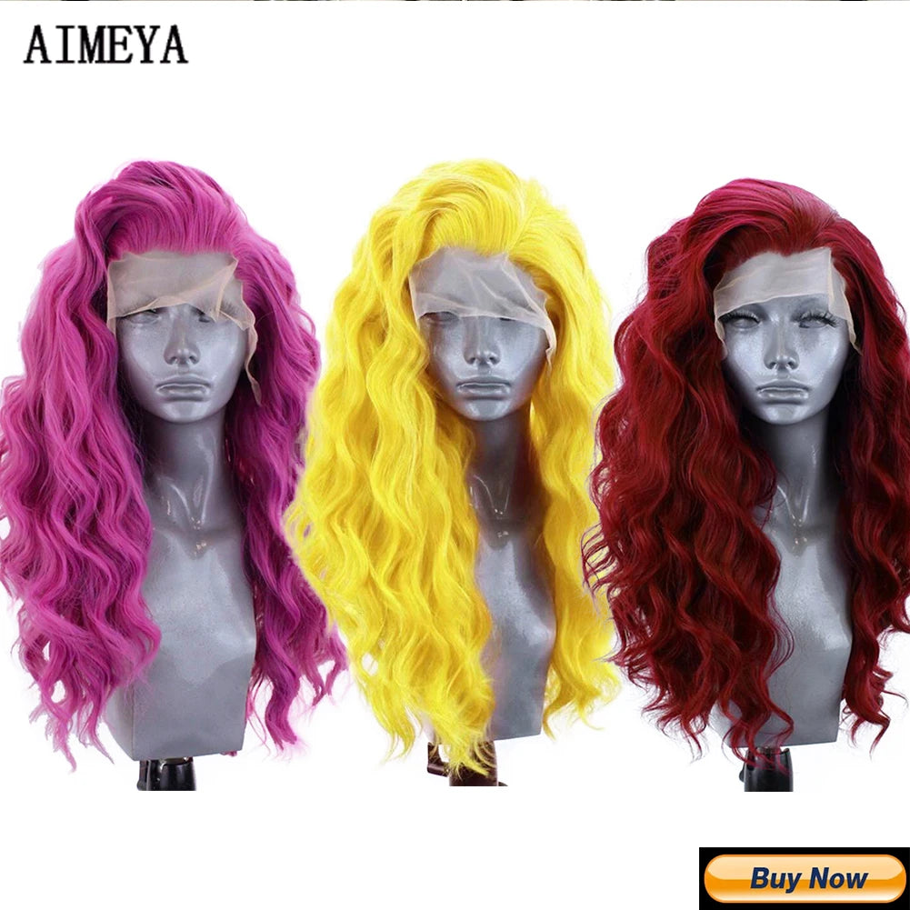 AIMEYA Yellow Hair Cosplay Synthetic Lace Front Wigs for Women Long Loose Wave Wig Free Part Heat Resistant Fiber Synthetic Wig
