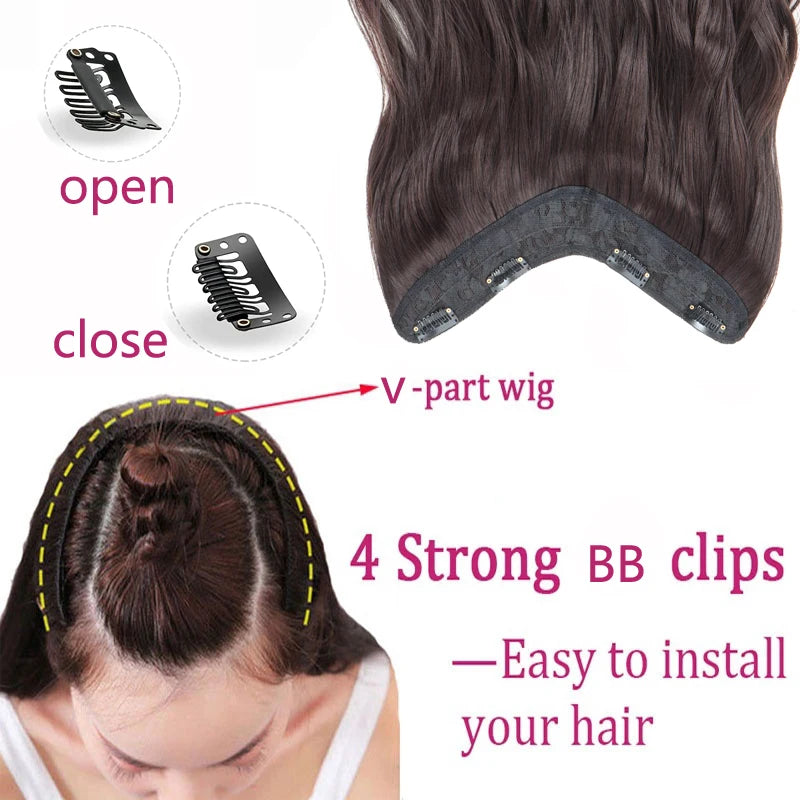 20Inch Synthetic Long Wavy Curly 4 Clip in Hair Extension V-shaped Heat Resistant Black Blonde Hairpiece for Women