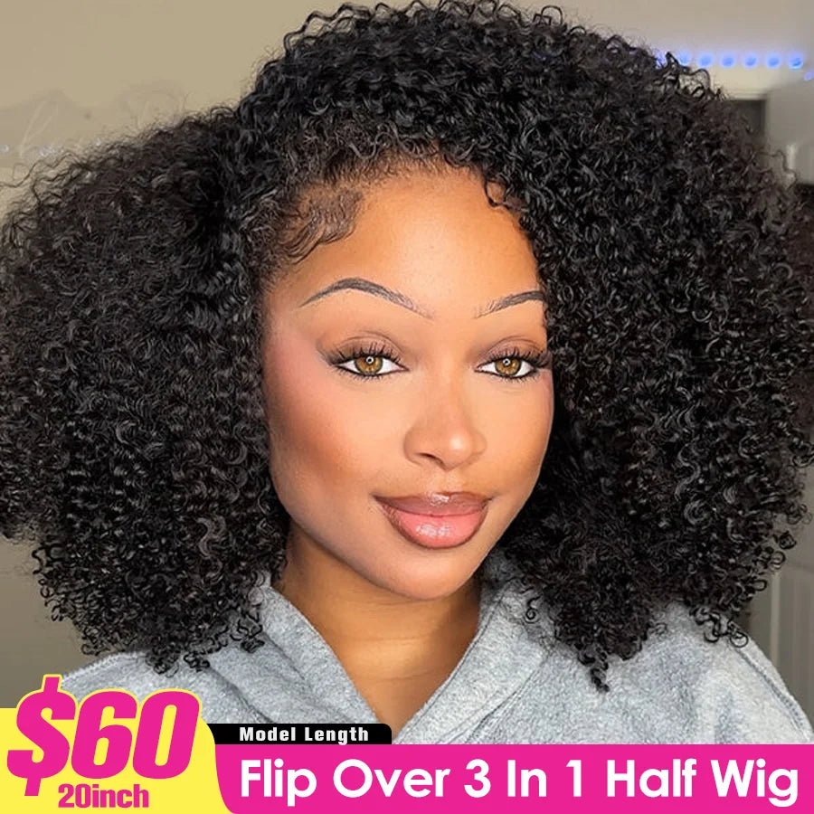 250% Half Wig Human Hair Kinky Curly Human Hair Wigs Flip Over 3 In 1 Half Wig Afro Curly Headband Wig 300% Full Hair Wigs Sale
