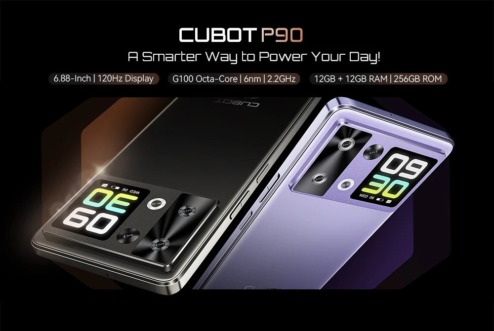 Smartphone Android 15 Cubot P90, 6.88-Inch 120Hz Screen, 24GB RAM+256GB ROM, G100 Octa-core, 2.2GHz, 64MP, 5100mAh,NFC, 4G Phone