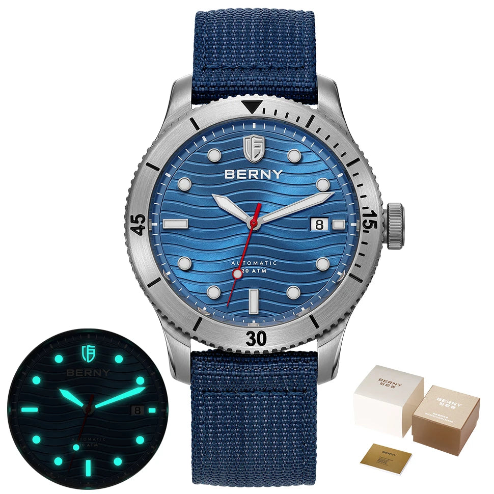 BERNY Top Automatic Diver Watch for Men PT5000 Movement 20ATM Waterproof Luminous Sapphire Lens Sport Swimming Diving Watch Men