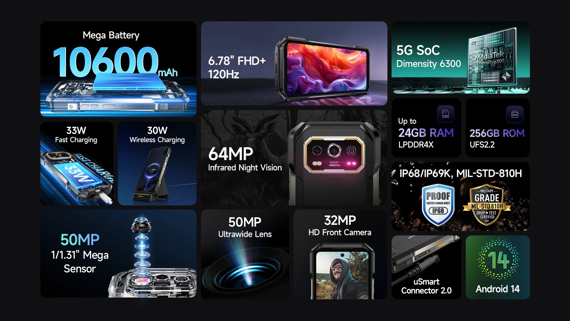 Ulefone Armor 27 Pro 5G Rugged Phone 10600mAh Smartphone 50MP Camera 64MP Night Android 14 Up to 24GB+256GB NFC Waterproof Phone