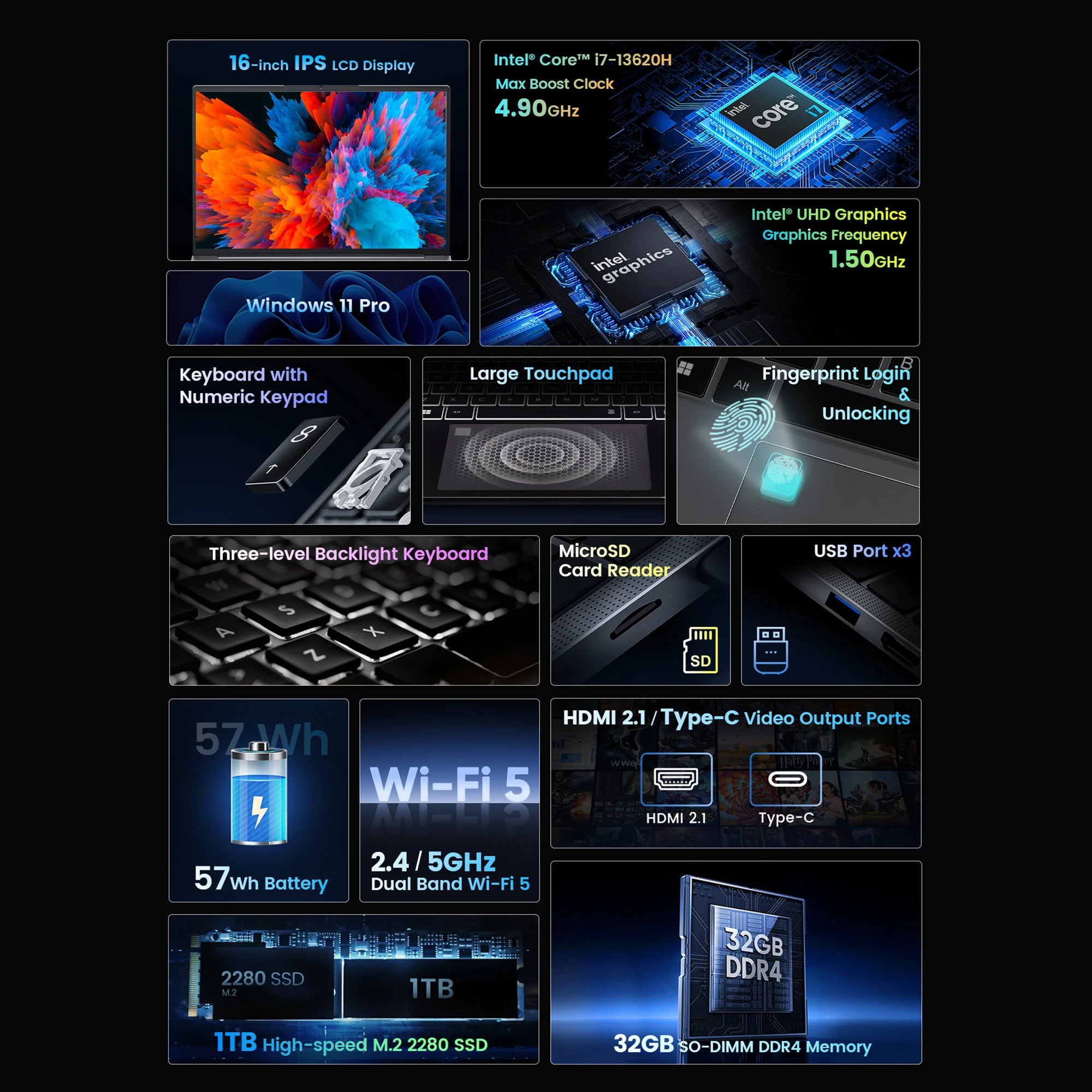 N-one NBook Turbo Intel i7-13620H 16 inch Gaming Laptop 32GB+1TB SSD Computer 1920*1200, 5000mAh, Wi-Fi 5,Bluetooth 4.2,10C/16T