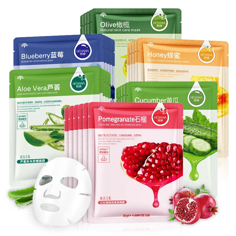 10pcs Natural Plant Facial Mask Moisturizing Oil Control Anti-Aging Fruit Aloe Korean Sheet Face Mask Beauty Skin Care Prodcuts