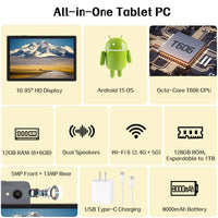ANRY 10.95 Inch Tablet Android 15 HD Display 12GB RAM 128 ROM Fast Charging 8000mAh 5G WiFi Octa-Code Android Tablets with Case