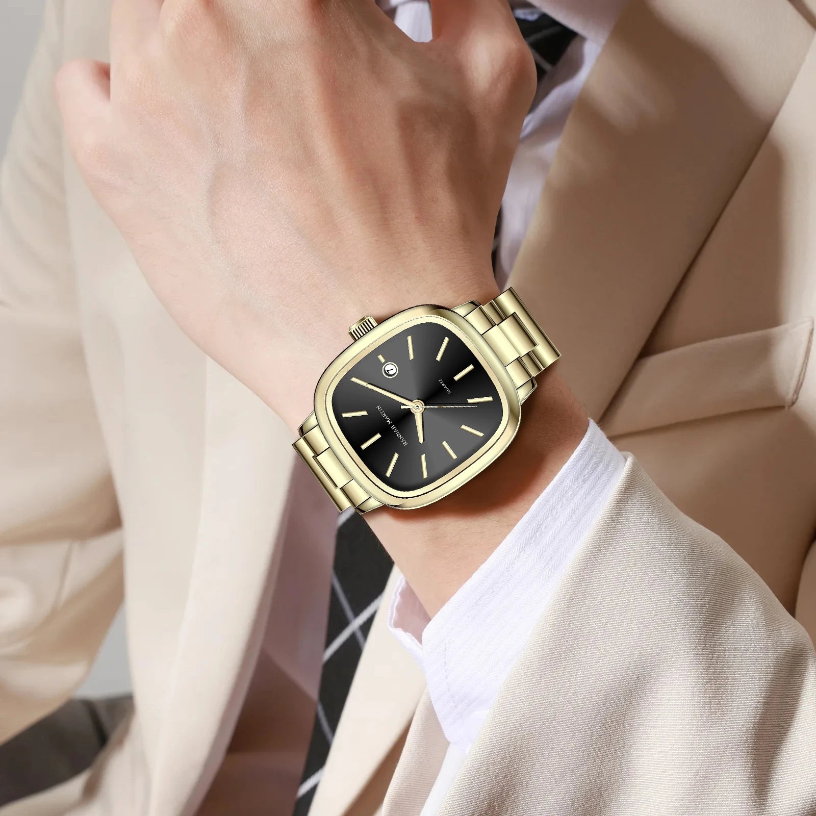 Japanese Movement Square Fashion Stainless Steel Strap Original Business Style Silver Black Waterproof 3Bar Quartz Watch for Men