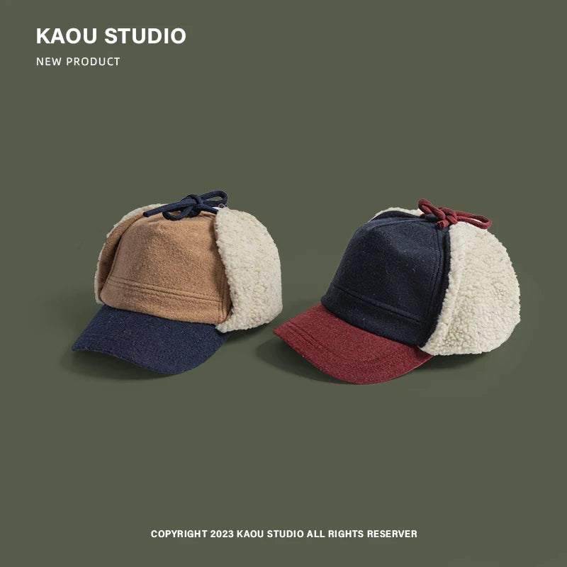 Retro Woolen Color Matching Bomber Hat Men and Women Street Japanese Trend Peaked Cap Plush Thermal Ear Protection Baseball Cap