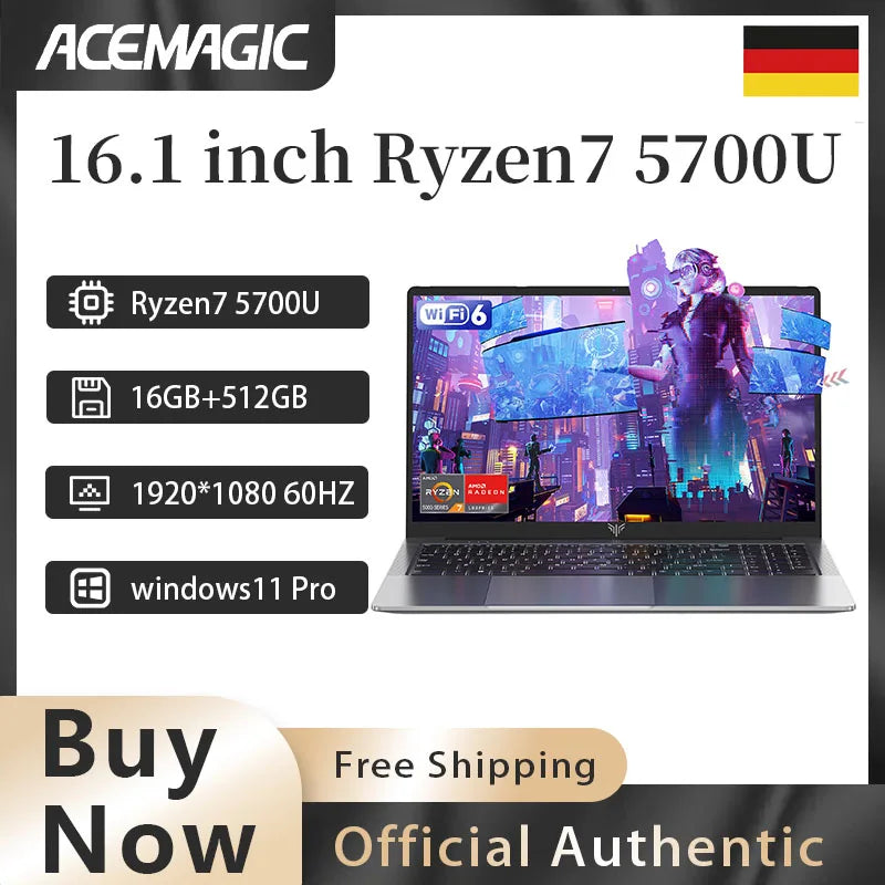 ACEMAGIC Gaming Notebook 16.1 FHD 1920*1080 16GB DDR4 512GB SSD AMD Ryzen 7 5700U Notebook Windows 11 Home BT5.2 WiFi 6 Laptop