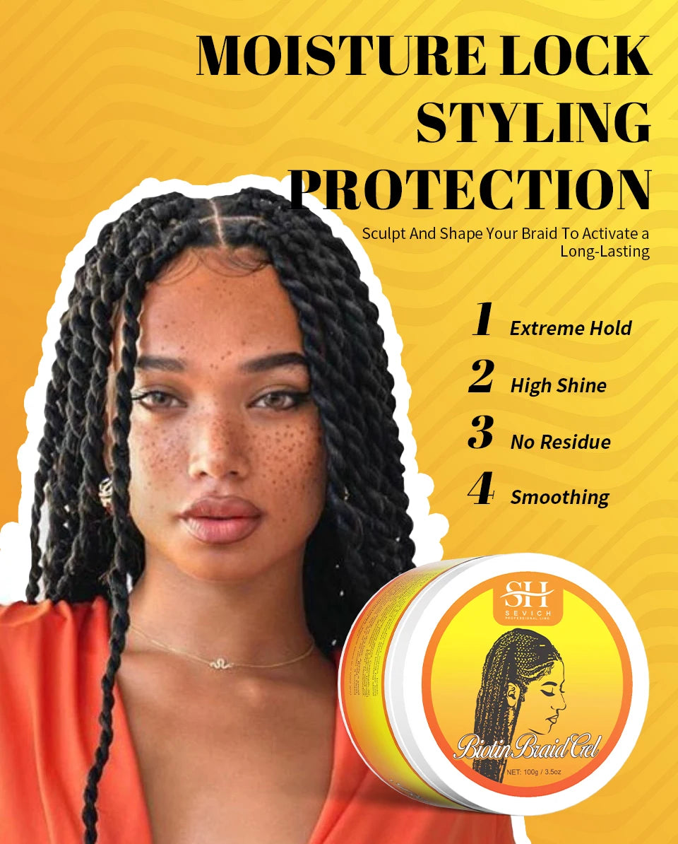 African Biotin Braid gel 100g Edges Control Twist Gel Tames Frizz & Edges Jojoba Oil Styling Braiding Gel Anti Hair Loss Wax，Loc