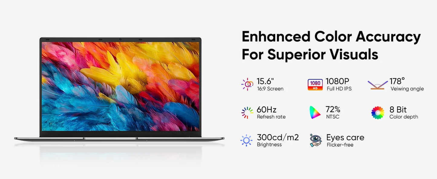 15.6 "Thin & Portable Laptop Computer Intel Celeron N4000 8GB RAM 256GB SSD FHD 1920x1080 16:9 Display For Work And Study