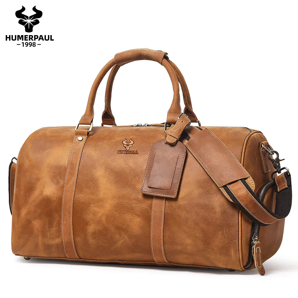 Men's Crazy Horse Leather Duffle Bag Large Capacity Travel Luggage Bag Fits 15'' Laptop & Shoes Durable Totes Bags for Business