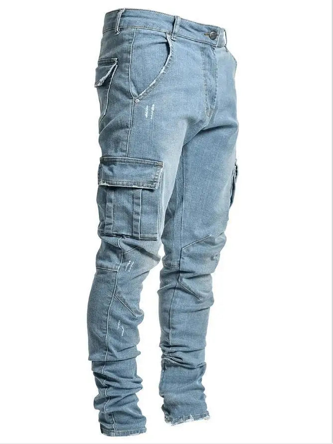 2024 Men Jeans Solid Pockets Stretch Denim Straight Pants Spring Summer Business Casual Trousers Daily Streetwear Men's Clothing