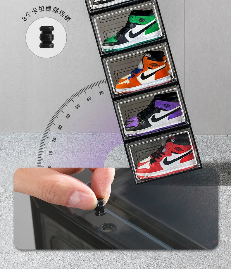 Transparent shoe box, hard box, magnetic storage, acrylic doll bag, hand-held storage box rack, front side opening shoe cabinet