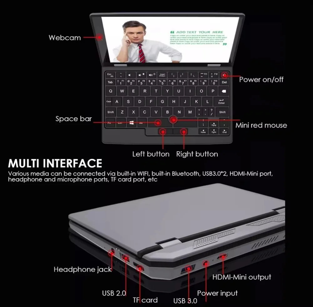 7 Inch Mini Laptop Intel N95 Notebook Touch Screen Portable Netbook Windows 11 Mini PC Micro Computer Bluetooth 4.2 16GB 1TB
