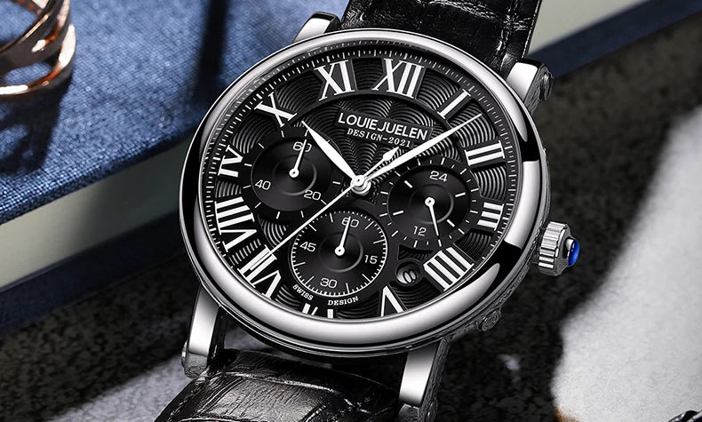 Fashion Mens Watches Top Brand Luxury Genuine Leather Strap Quartz Men's Watch Business Casual Date Chronograph Watch Men