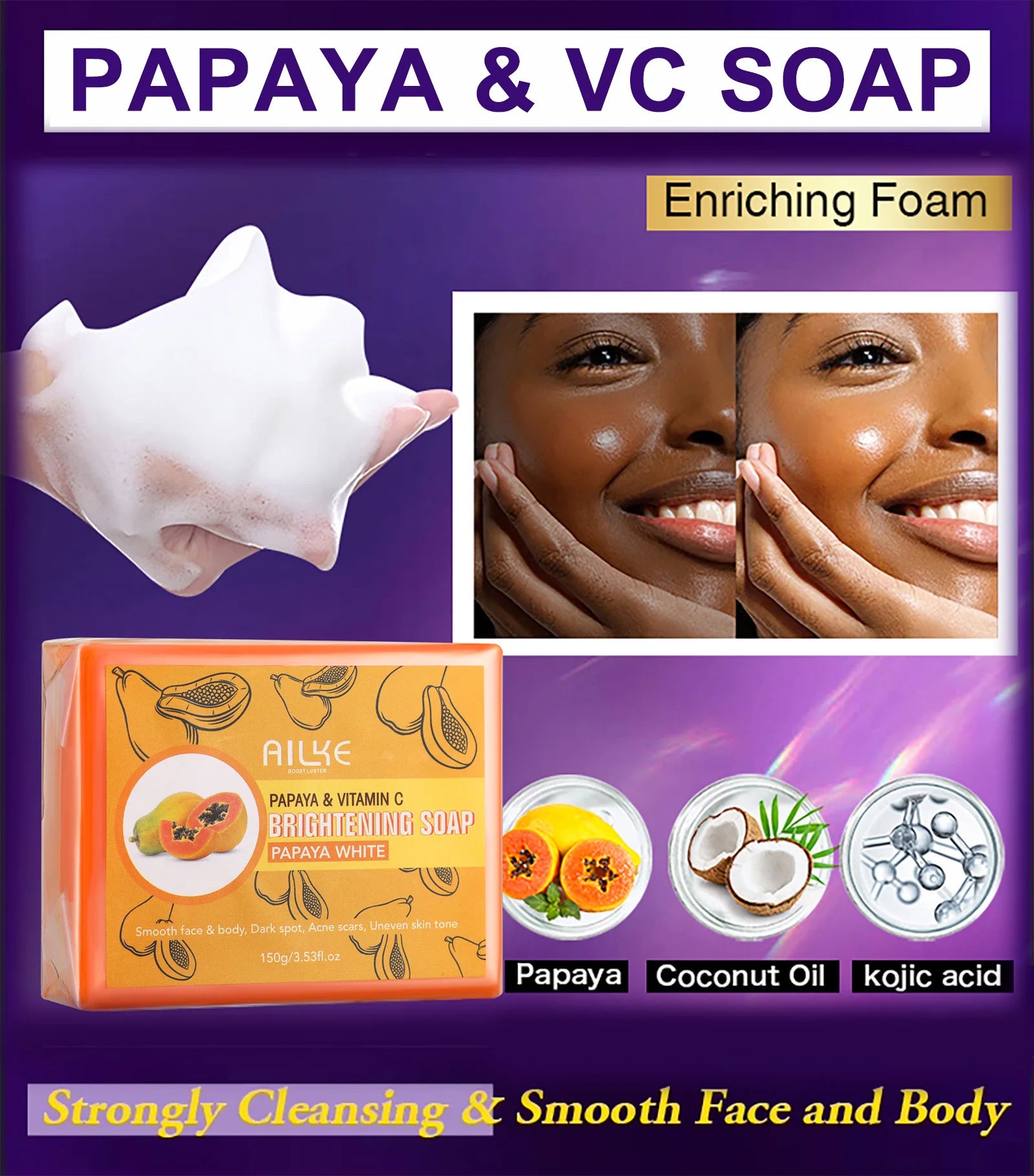 AILKE Skin Whitening Handmade Soap -Organic Papaya Soap For Black Spots, Clean Stains, Improves Dull Skin, Face & Body & Hands