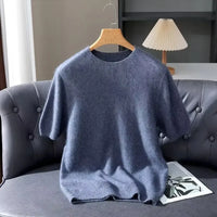 100% Mink Cashmere Knitted Short Sleeved Men's Loose Round Neck Solid Color Half Sleeved Simple T-Shirt Casual Business Cashmere