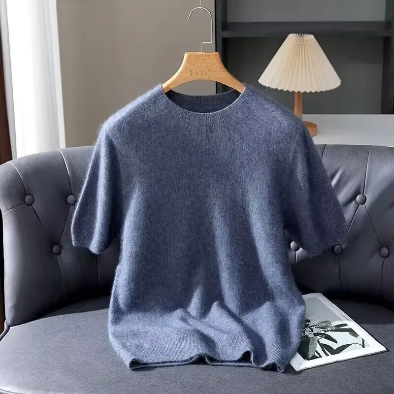 100% Mink Cashmere Knitted Short Sleeved Men's Loose Round Neck Solid Color Half Sleeved Simple T-Shirt Casual Business Cashmere