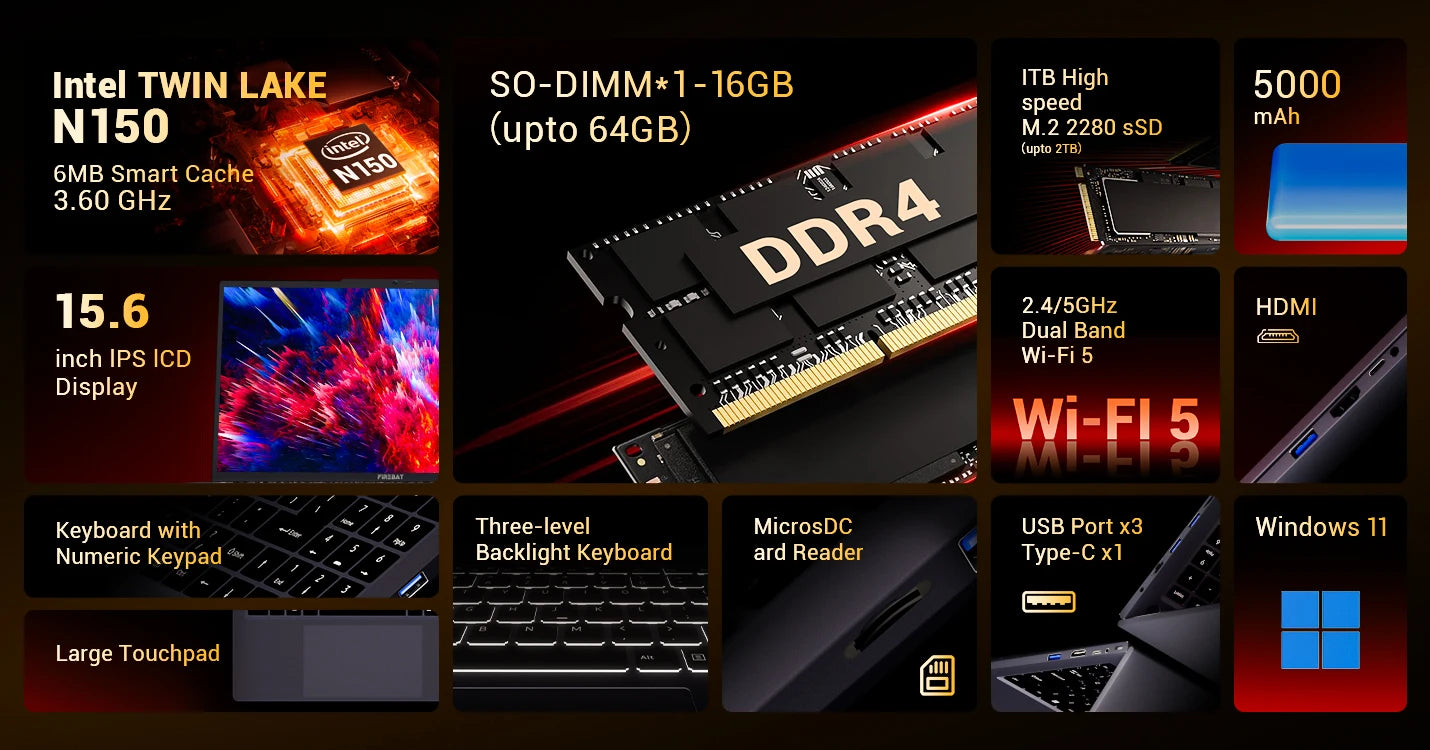 Firebat Laptop AT15 15.6 Inch Intel N150 DDR4 16GB RAM 512GB 1TB SSD 1920*1080 Windows 11 Notebook Backlit Integrated Numpad