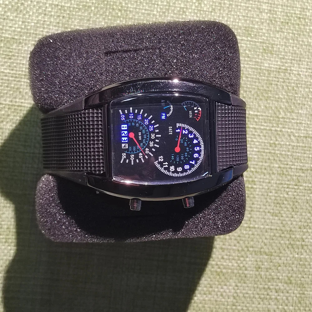 Men’s Fashion Quartz Wristwatch Sports Aviation LED Electronic Watch Fan Racing Dashboard Creative Male Digital Watch for Men