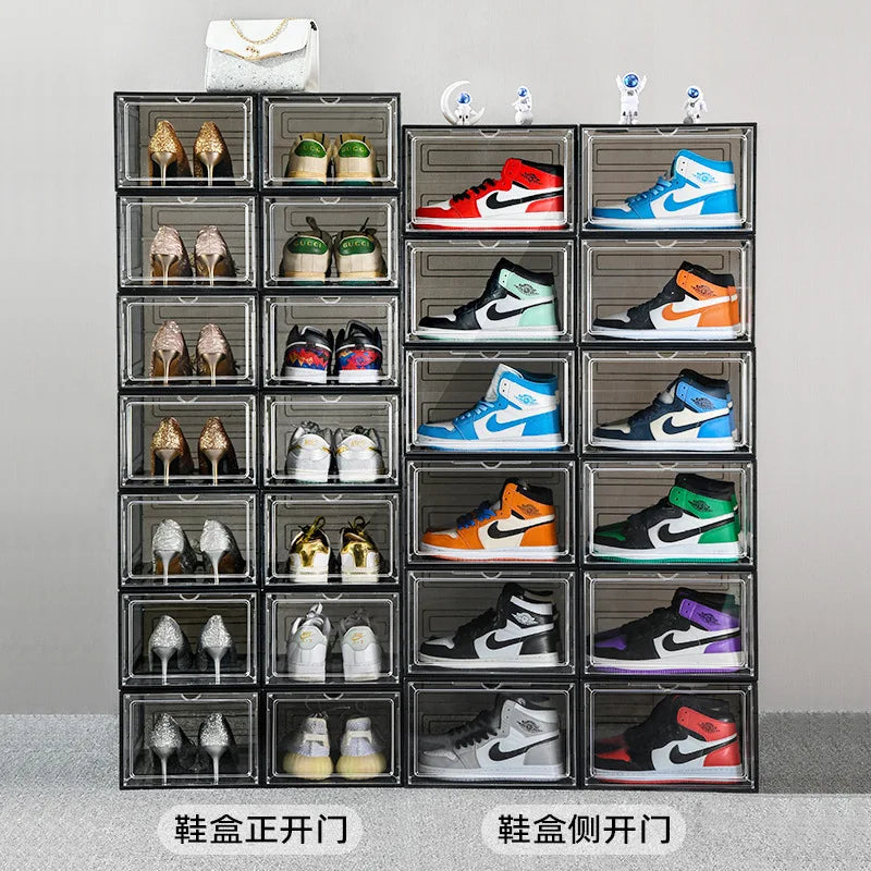 Transparent shoe box, hard box, magnetic storage, acrylic doll bag, hand-held storage box rack, front side opening shoe cabinet