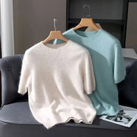 100% Mink Cashmere Knitted Short Sleeved Men's Loose Round Neck Solid Color Half Sleeved Simple T-Shirt Casual Business Cashmere