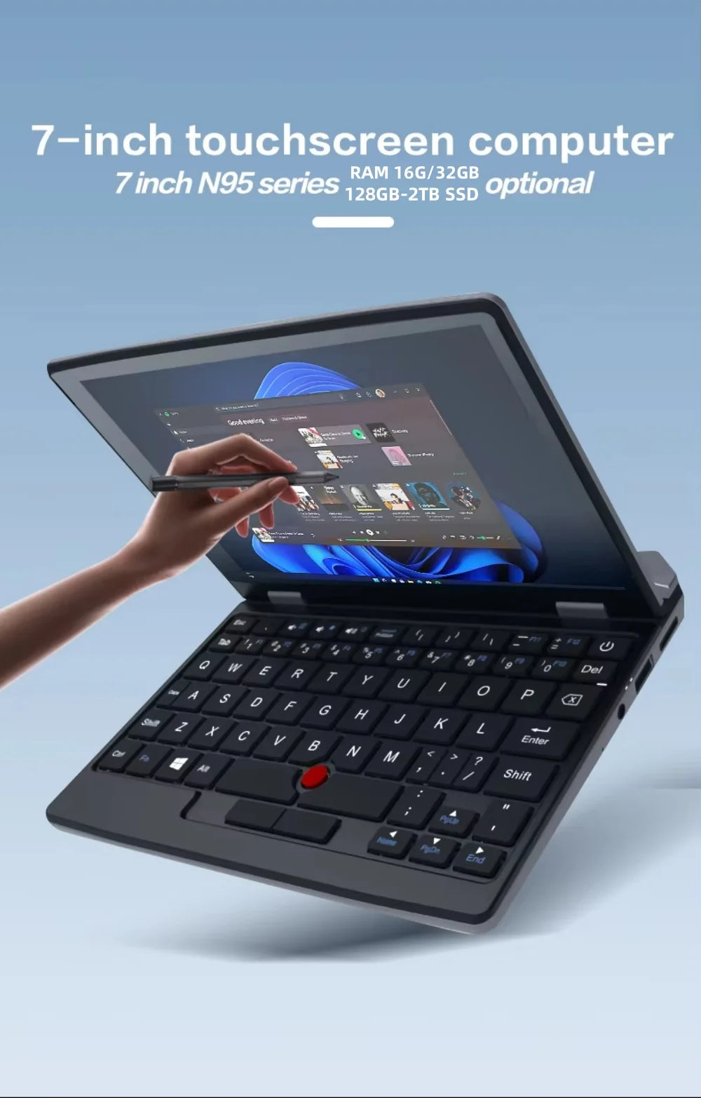 7 Inch Mini Laptop Intel N95 Notebook Touch Screen Portable Netbook Windows 11 Mini PC Micro Computer Bluetooth 4.2 16GB 1TB