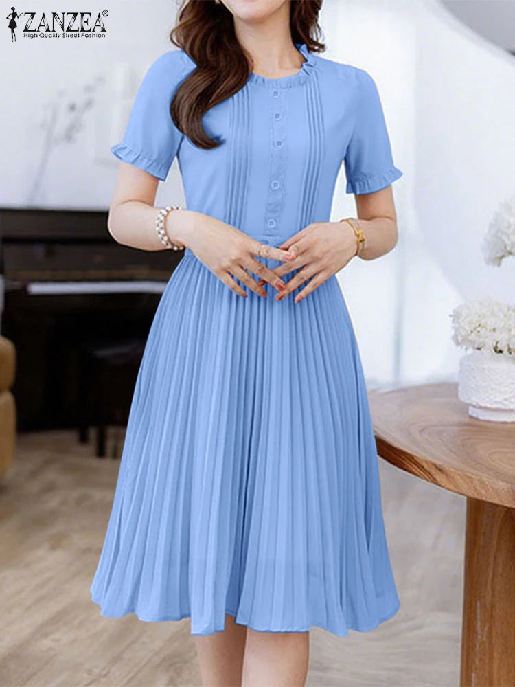 2025 ZANZEA Elegant Women Midi Dresses Summer Office Work Dress Short Sleeve O Neck Party Vestidos Pleated Sundress Robe Femme