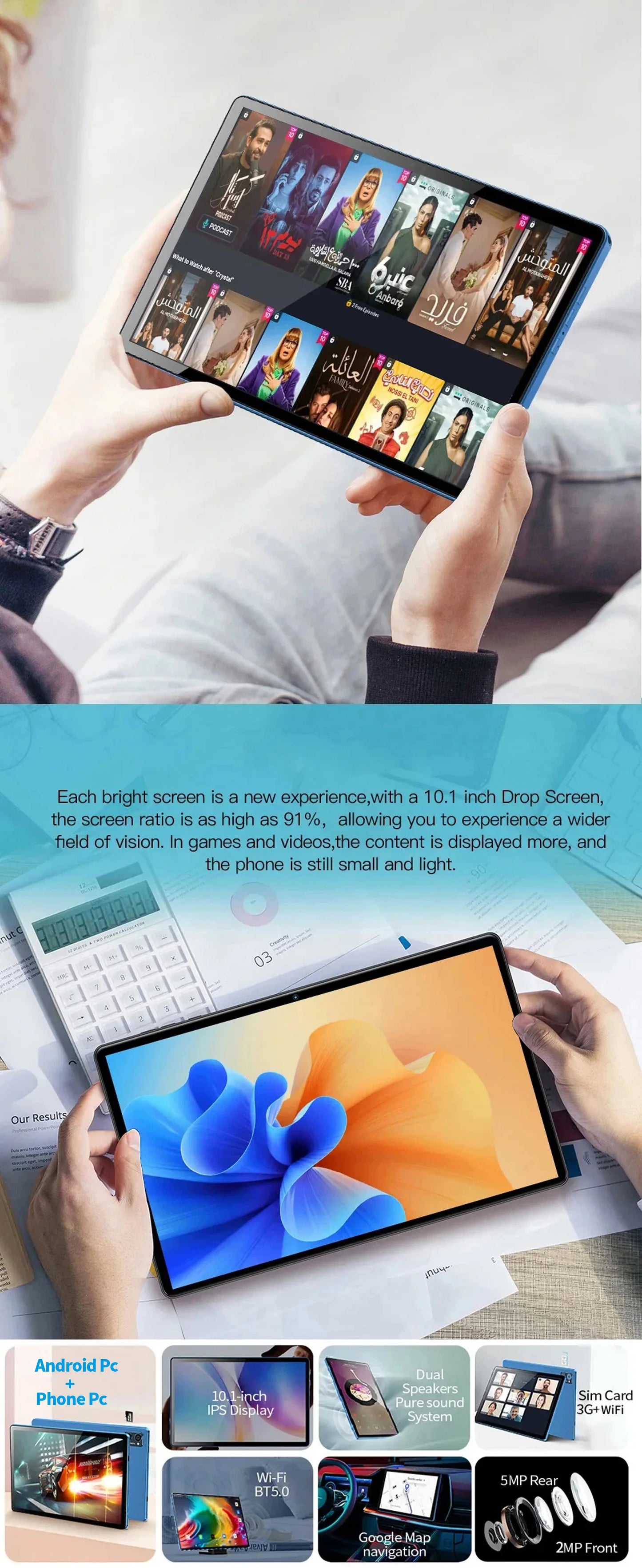 BDF Android 10.1 Inch Tablet Pc Google Play Octa Core Dual Cameras Dual SIM 3G Phone Call Tablets Bluetooth Wifi 4GB+ 64GB ROM