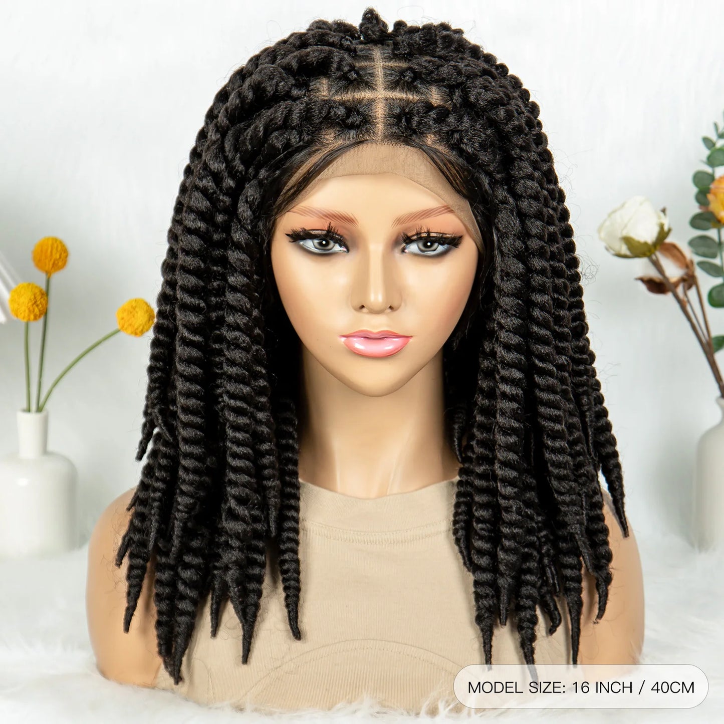 16" Full Lace Twisted Braided Wigs for Black Women Synthetic HD Lace Front Braids Wigs with Baby Hair Natural Lace Braiding Wigs
