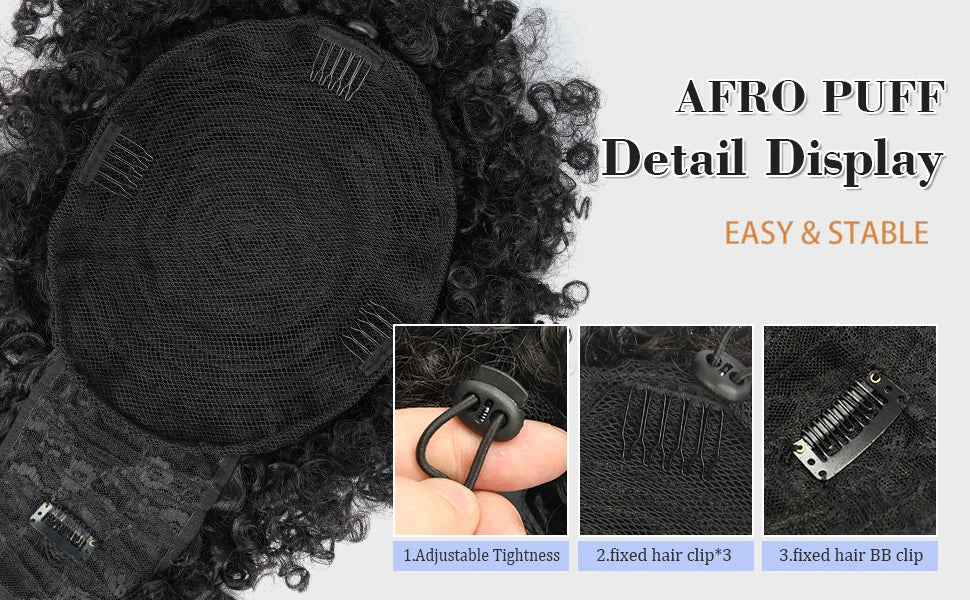 Afro Puff Kinky Curly Hair Updo Ponytail Extension with Bangs Drawstring Ponytail for Women Black, Synthetic Hair Ponytail