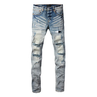 2025 Jeans Man's High Street Blue Ripped Distressed Skinny Jeans Low Rise Denim Trousers Fashion Repair Pants 9003