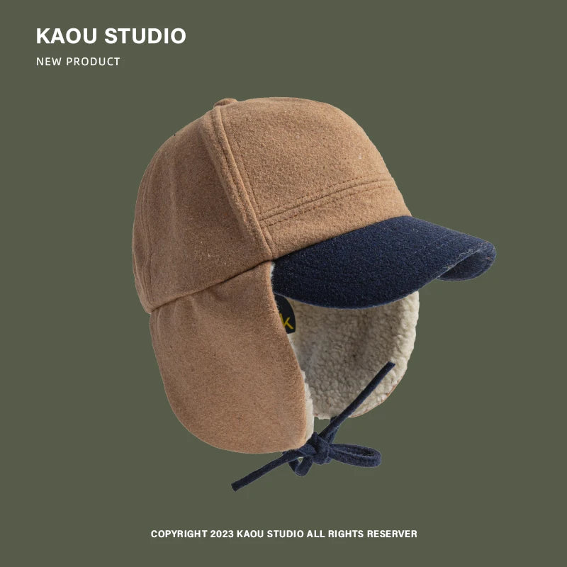Retro Woolen Color Matching Bomber Hat Men and Women Street Japanese Trend Peaked Cap Plush Thermal Ear Protection Baseball Cap