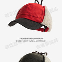 Retro Woolen Color Matching Bomber Hat Men and Women Street Japanese Trend Peaked Cap Plush Thermal Ear Protection Baseball Cap