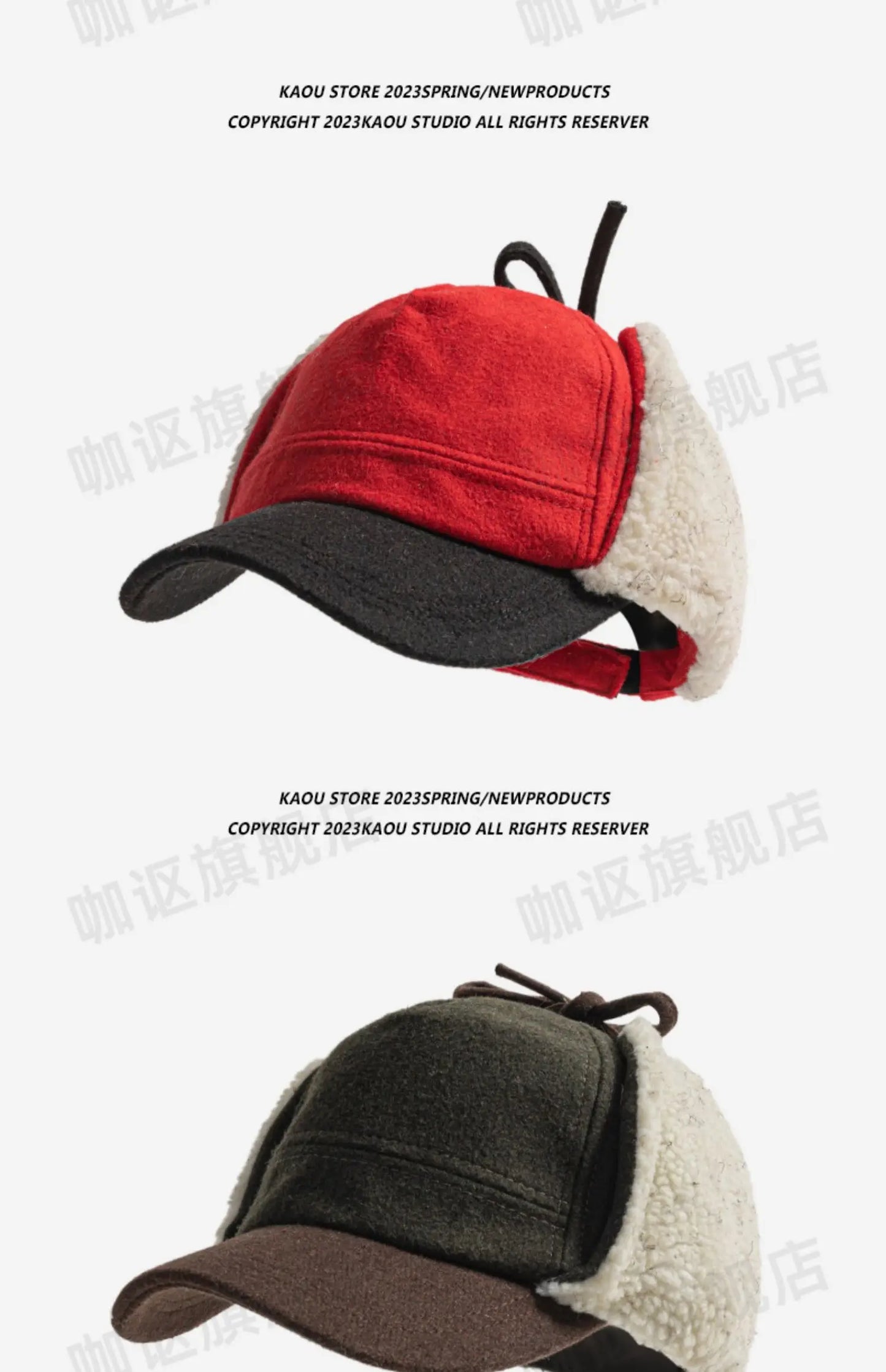 Retro Woolen Color Matching Bomber Hat Men and Women Street Japanese Trend Peaked Cap Plush Thermal Ear Protection Baseball Cap